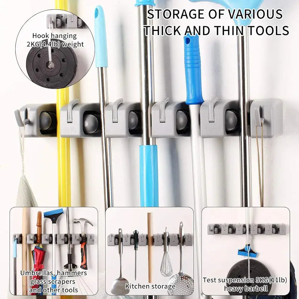 5-in-1 Broom & Mop Holder – Wall-Mounted Cleaning Tool Organizer Rack