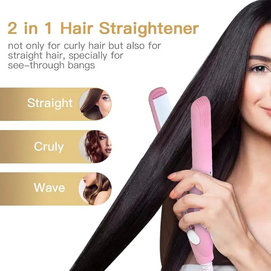 2-in-1 Mini Hair Straightener & Curler | Portable Ceramic Flat Iron for Dry & Wet Hair | Fast Heating | Random Color