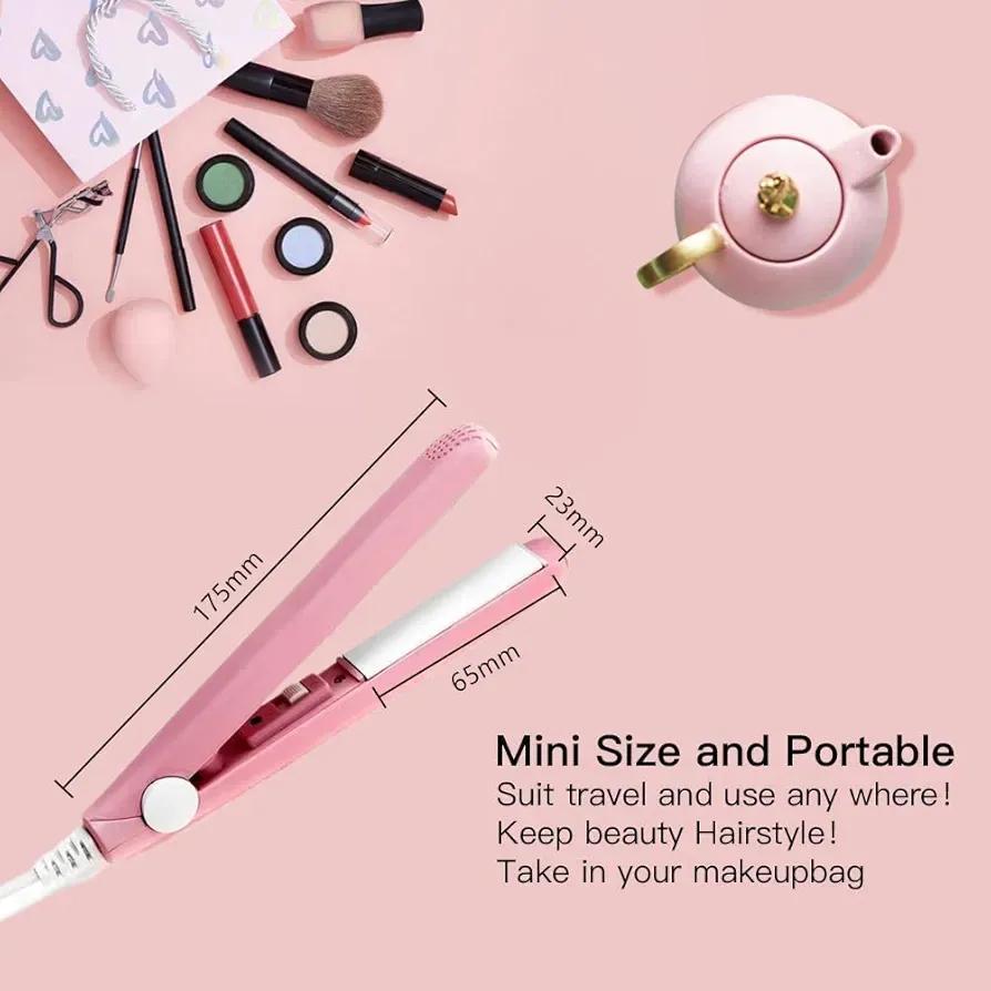 2-in-1 Mini Hair Straightener & Curler | Portable Ceramic Flat Iron for Dry & Wet Hair | Fast Heating | Random Color